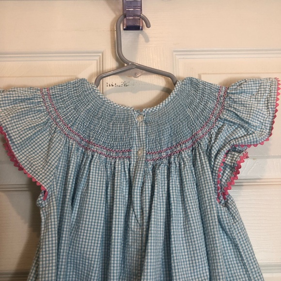 Anavini Blue and White Gingham Bird and Birdhouse Smocked Dress. Size 4T - Picture 4 of 8